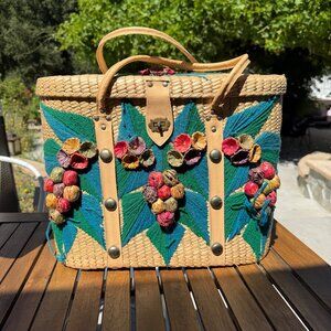 Vintage Woven Straw Tote Bag With Leather Straps & Floral Embroidery